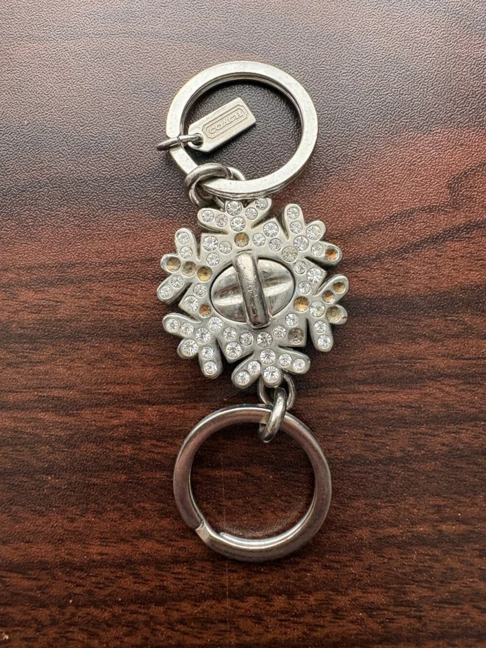 COACH Vintage Silver Crystal Snowflake Turnlock Detachable Valet Keychain Charm